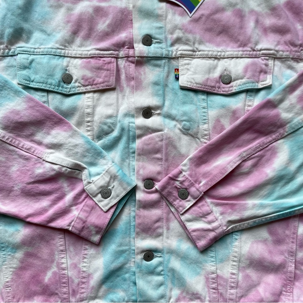 PRIDE OVERSIZED TRUCKER JEAN DENIM JACKET MENS SIZE TIE DYE METAL BUTTONS PINK - Picture 8 of 8